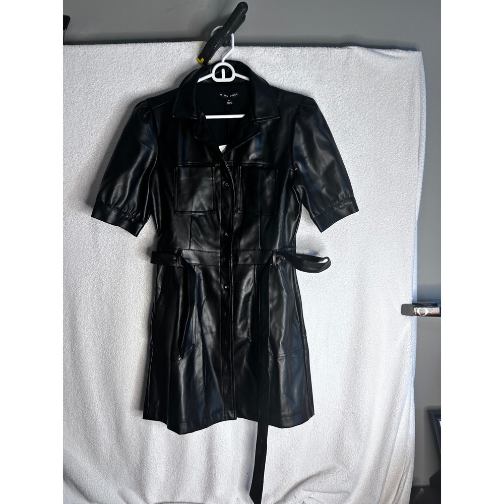 Miou Muse Black Vegan Leather Mini Dress Short Puff Sleeve Belted D2811 Small